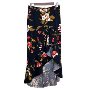 Touch Me Black Floral Skirt with High-Low Ruffle Hem. Size Large.